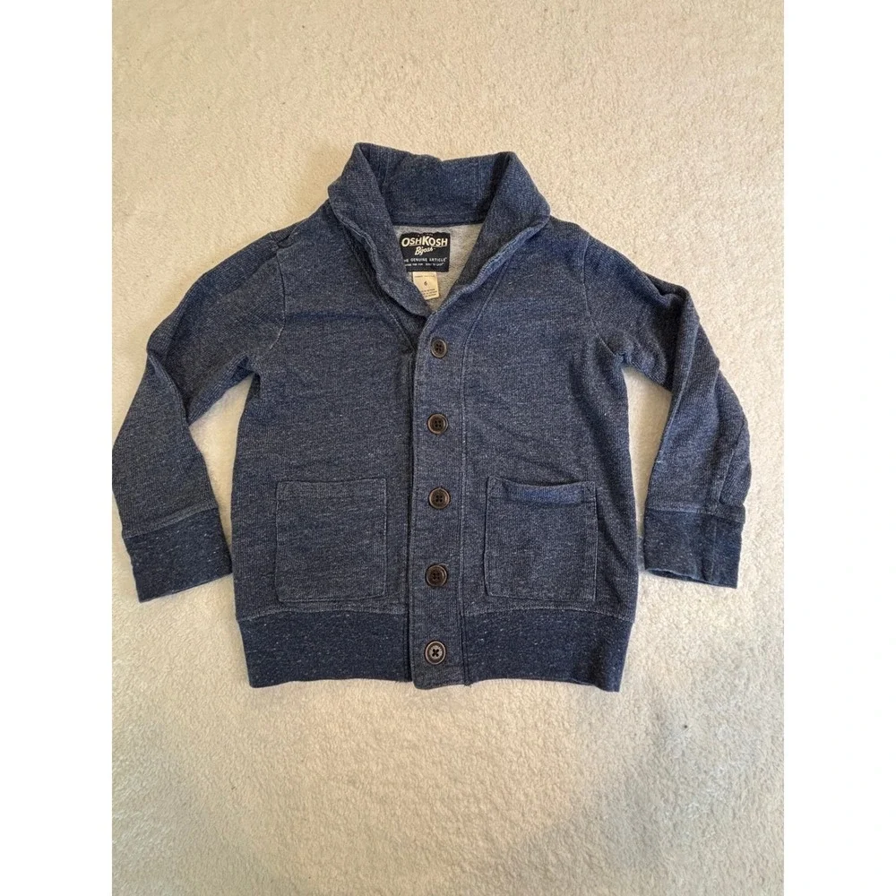 OshKosh Bgosh Boys Blue Heather Shawl Collar‎ Button Cardigan Sweater Size 6